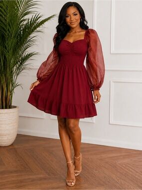 Women's Burgundy Puff-Sleeve A-Line Dress